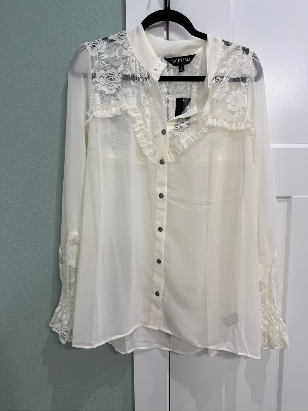 torrid Ivory Lace Yoke Ruffle Button-Up Blouse